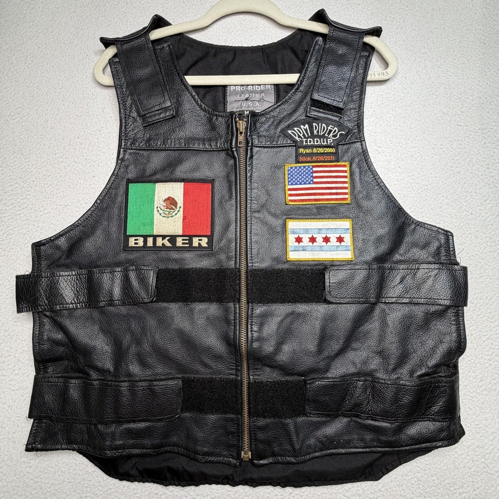 Pro-Rider Vest Mens Medium Black Leather Biker Zip RPM Riders Flag Patches USA